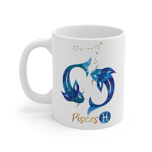Pisces Mug. Zodiac Sign Blue Watercolor Star Sign Constellation Mug.