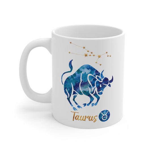 Taurus Mug. Zodiac Sign Blue Watercolor Star Sign Constellation Mug.