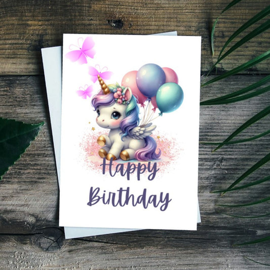 Unicorn Birthday Card Printable, Cute Unicorn with Balloons