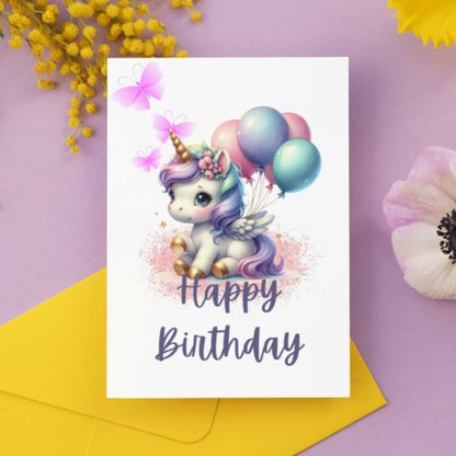 Unicorn Birthday Card Printable, Cute Unicorn with Balloons