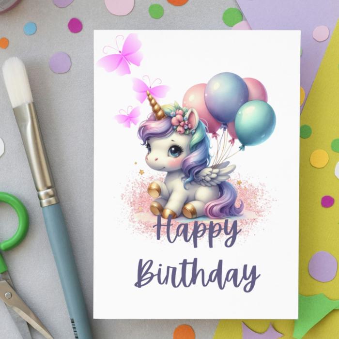 Unicorn Birthday Card Printable, Cute Unicorn with Balloons