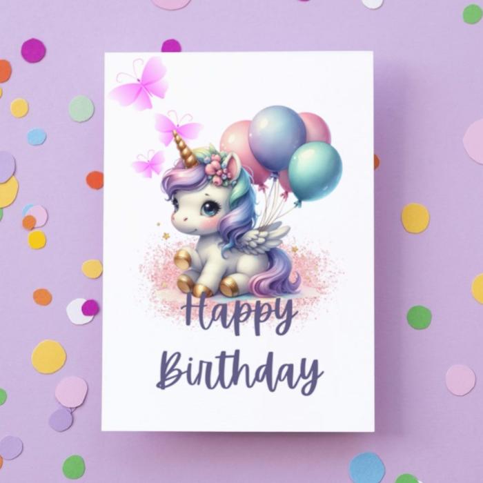 Unicorn Birthday Card Printable, Cute Unicorn with Balloons