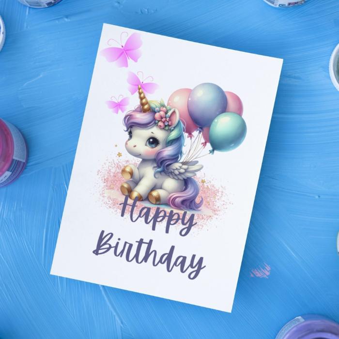 Unicorn Birthday Card Printable, Cute Unicorn with Balloons