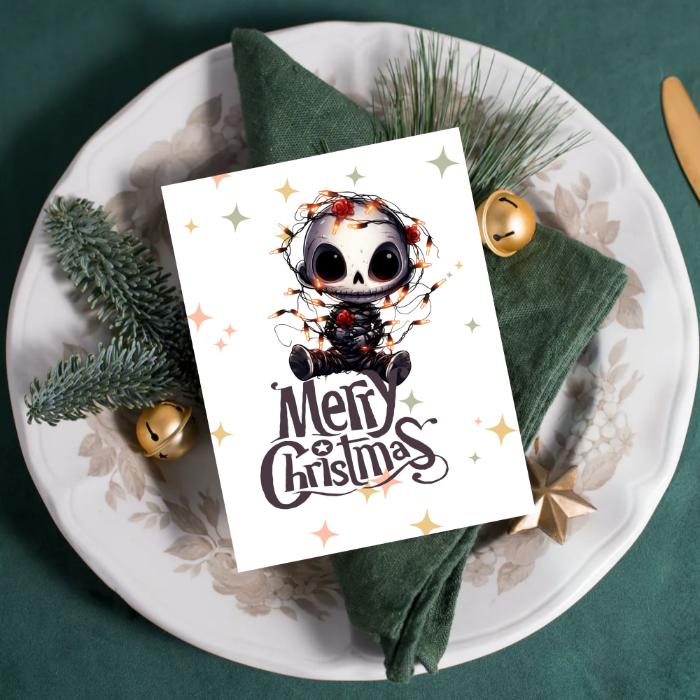 Printable Goth Doll Christmas Card Tangled in Lights Goth Christmas Card 5x7