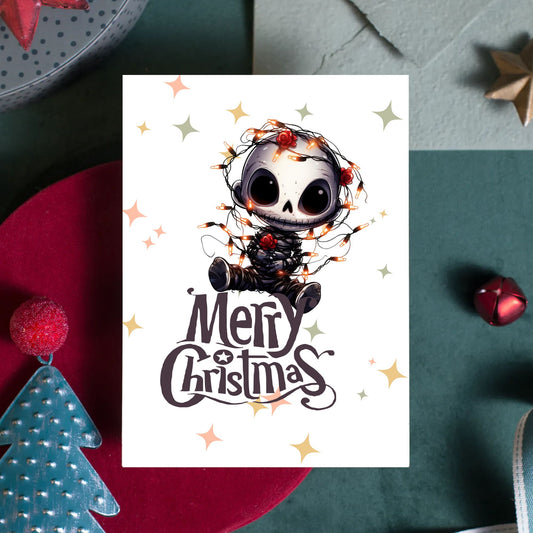 Printable Goth Doll Christmas Card Tangled in Lights Goth Christmas Card 5x7