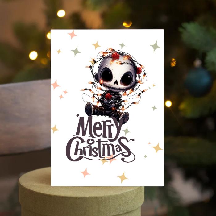 Printable Goth Doll Christmas Card Tangled in Lights Goth Christmas Card 5x7