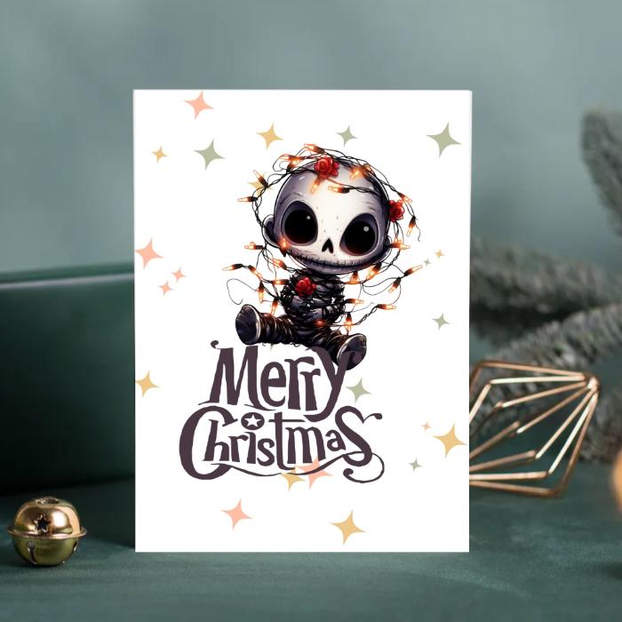 Printable Goth Doll Christmas Card Tangled in Lights Goth Christmas Card 5x7