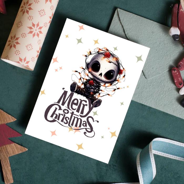 Printable Goth Doll Christmas Card Tangled in Lights Goth Christmas Card 5x7