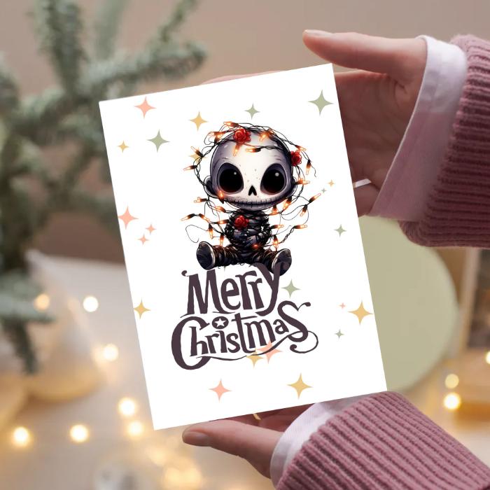 Printable Goth Doll Christmas Card Tangled in Lights Goth Christmas Card 5x7