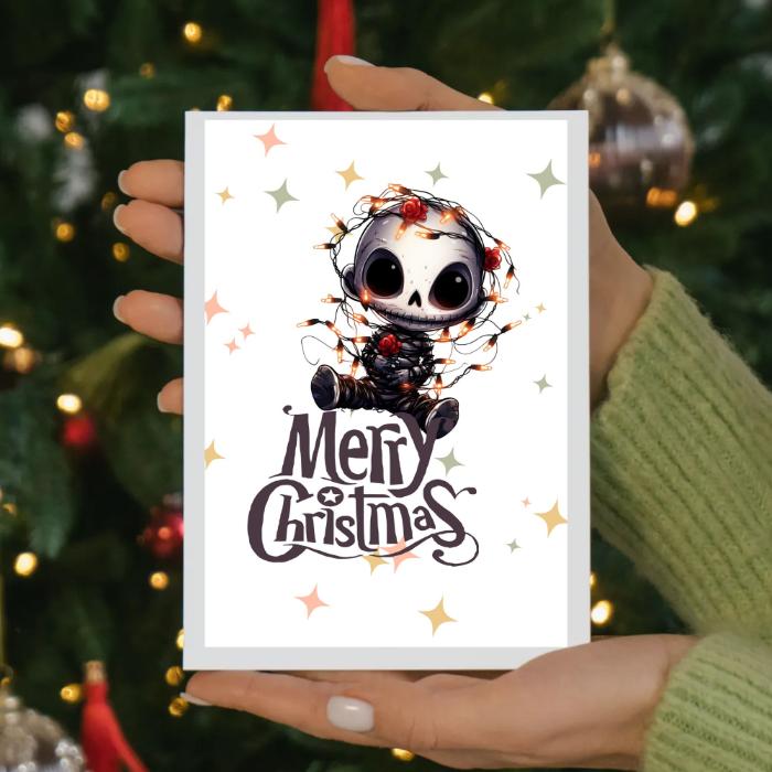 Printable Goth Doll Christmas Card Tangled in Lights Goth Christmas Card 5x7