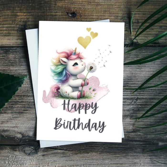 Printable Unicorn with Dandelion Birthday Card, Cute Whimsical Happy Birthday Greeting