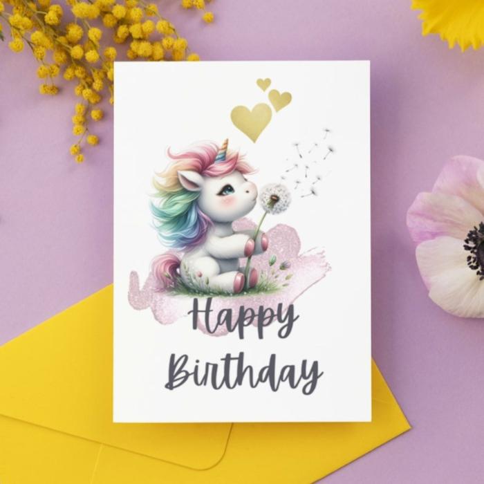 Printable Unicorn with Dandelion Birthday Card, Cute Whimsical Happy Birthday Greeting