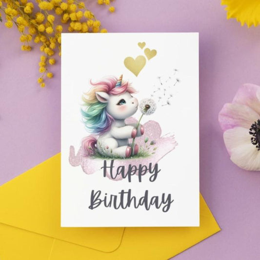 Printable Unicorn with Dandelion Birthday Card, Cute Whimsical Happy Birthday Greeting