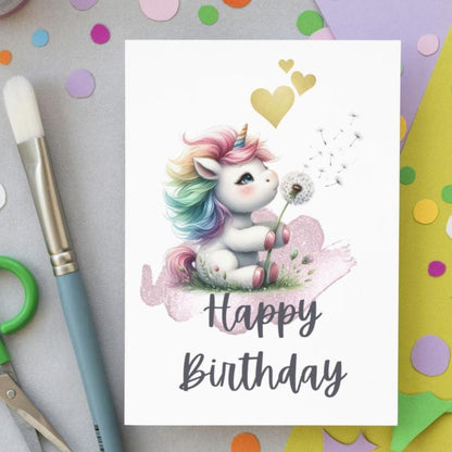 Printable Unicorn with Dandelion Birthday Card, Cute Whimsical Happy Birthday Greeting