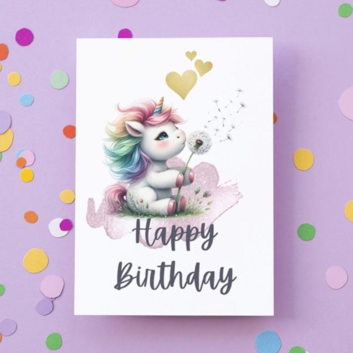 Printable Unicorn with Dandelion Birthday Card, Cute Whimsical Happy Birthday Greeting