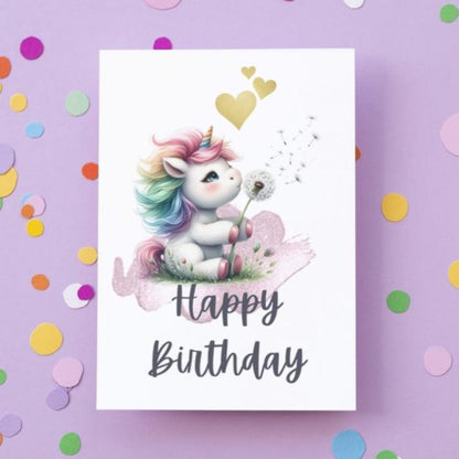 Printable Unicorn with Dandelion Birthday Card, Cute Whimsical Happy Birthday Greeting