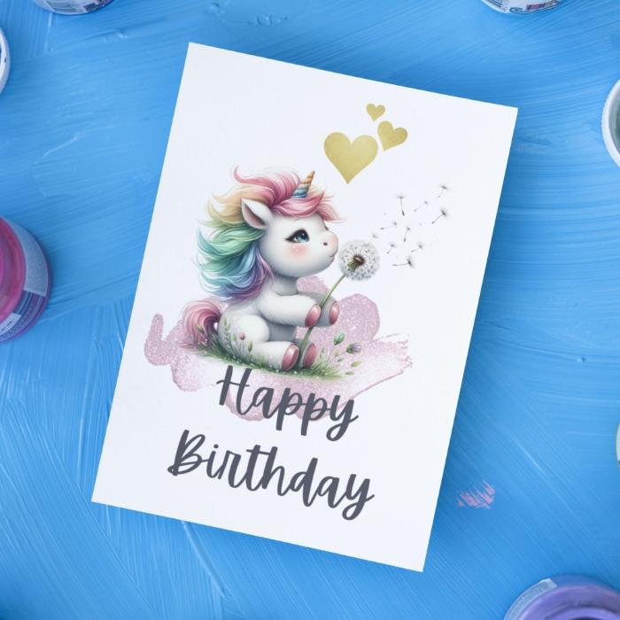 Printable Unicorn with Dandelion Birthday Card, Cute Whimsical Happy Birthday Greeting