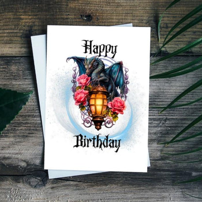 Printable Dragon Birthday Card - Medieval Gothic Dragon With Lantern