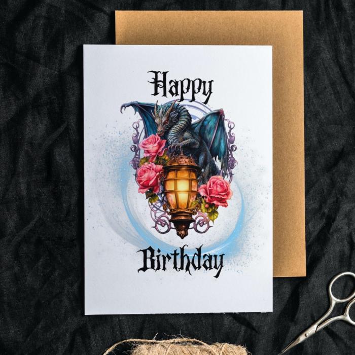 Printable Dragon Birthday Card - Medieval Gothic Dragon With Lantern