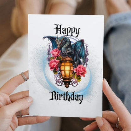 Printable Dragon Birthday Card - Medieval Gothic Dragon With Lantern