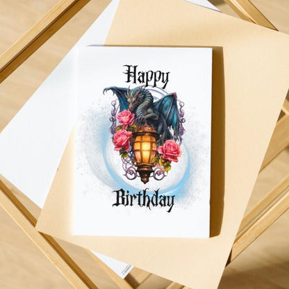 Printable Dragon Birthday Card - Medieval Gothic Dragon With Lantern