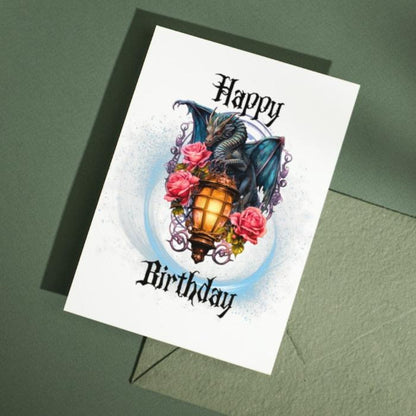 Printable Dragon Birthday Card - Medieval Gothic Dragon With Lantern