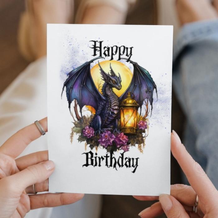 Printable Purple Goth Birthday Card Dragon 5x7 Download