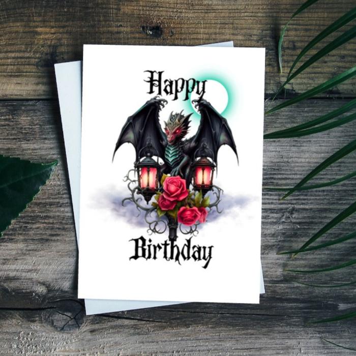 Printable Green Goth Dragon Birthday Card 5x7 Download, Medieval Dragon With Lantern