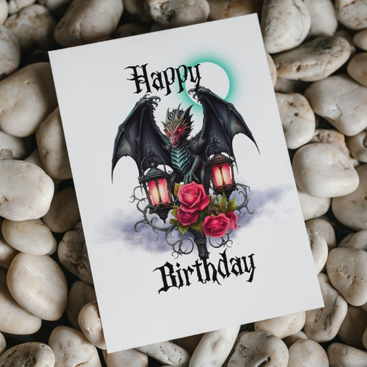 Printable Green Goth Dragon Birthday Card 5x7 Download, Medieval Dragon With Lantern
