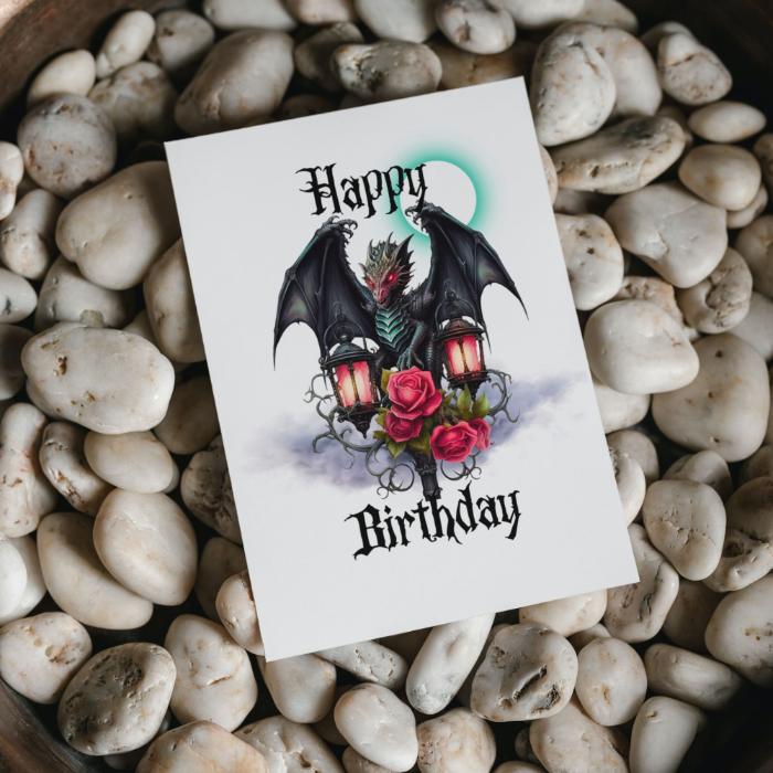 Printable Green Goth Dragon Birthday Card 5x7 Download, Medieval Dragon With Lantern