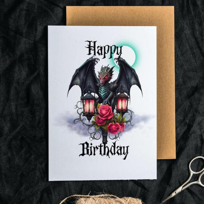 Printable Green Goth Dragon Birthday Card 5x7 Download, Medieval Dragon With Lantern