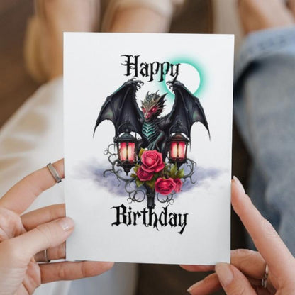 Printable Green Goth Dragon Birthday Card 5x7 Download, Medieval Dragon With Lantern