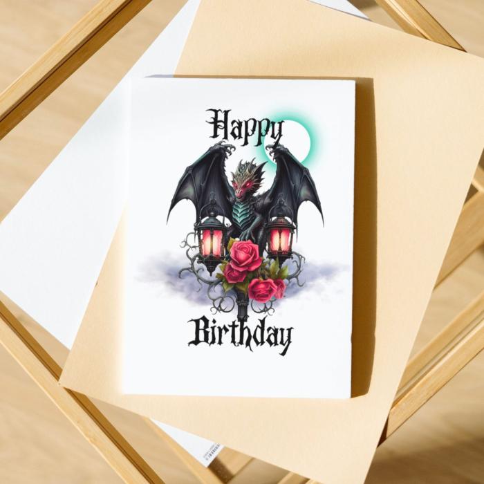 Printable Green Goth Dragon Birthday Card 5x7 Download, Medieval Dragon With Lantern