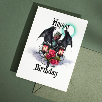 Printable Green Goth Dragon Birthday Card 5x7 Download, Medieval Dragon With Lantern