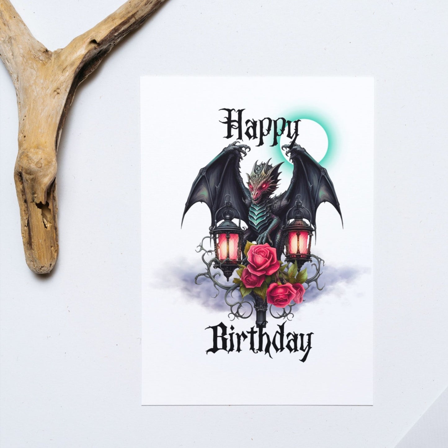 Printable Green Goth Dragon Birthday Card 5x7 Download, Medieval Dragon With Lantern