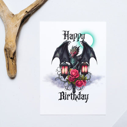 Printable Green Goth Dragon Birthday Card 5x7 Download, Medieval Dragon With Lantern