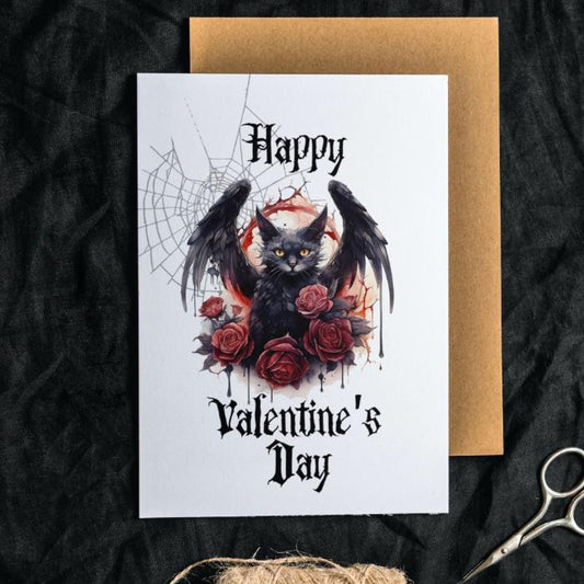 Printable Gothic Valentine's Card Black Cat Floral Goth