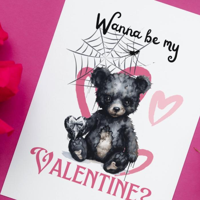 Printable Gothic Valentine's Card Black Valentine's Bear