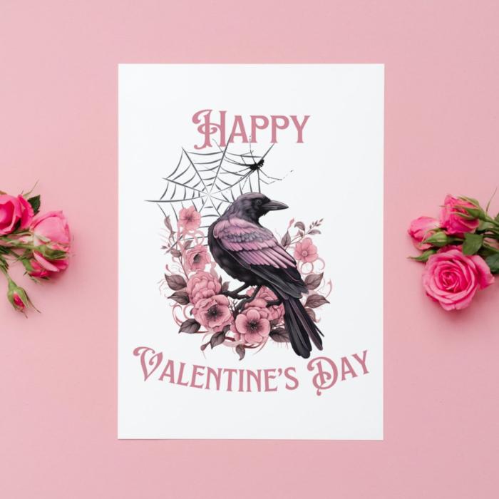 Printable Gothic Valentine's Card Pink Raven