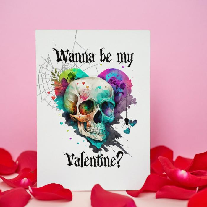 Printable Gothic Skull Valentine's Card Rainbow Heart