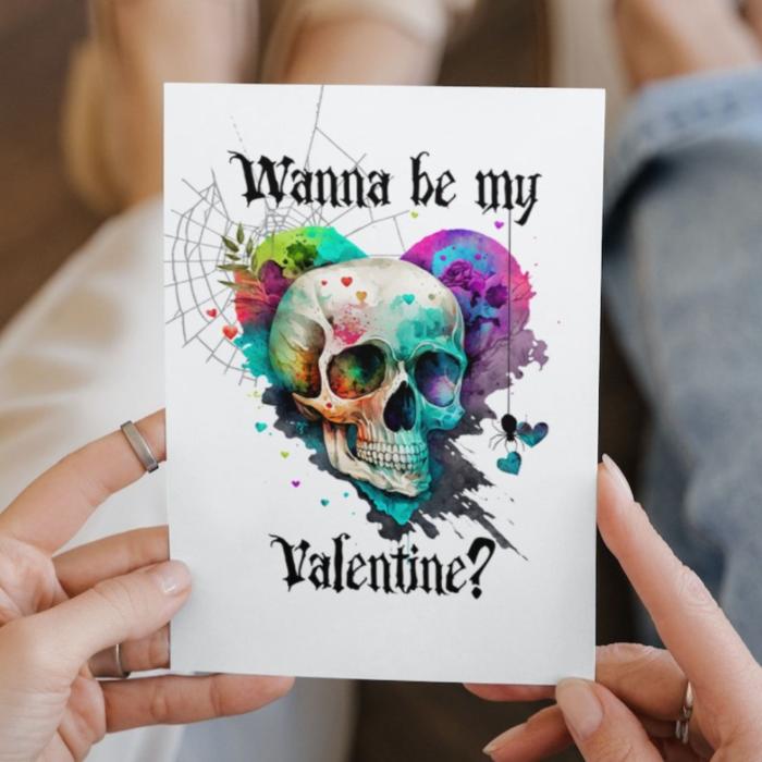 Printable Gothic Skull Valentine's Card Rainbow Heart