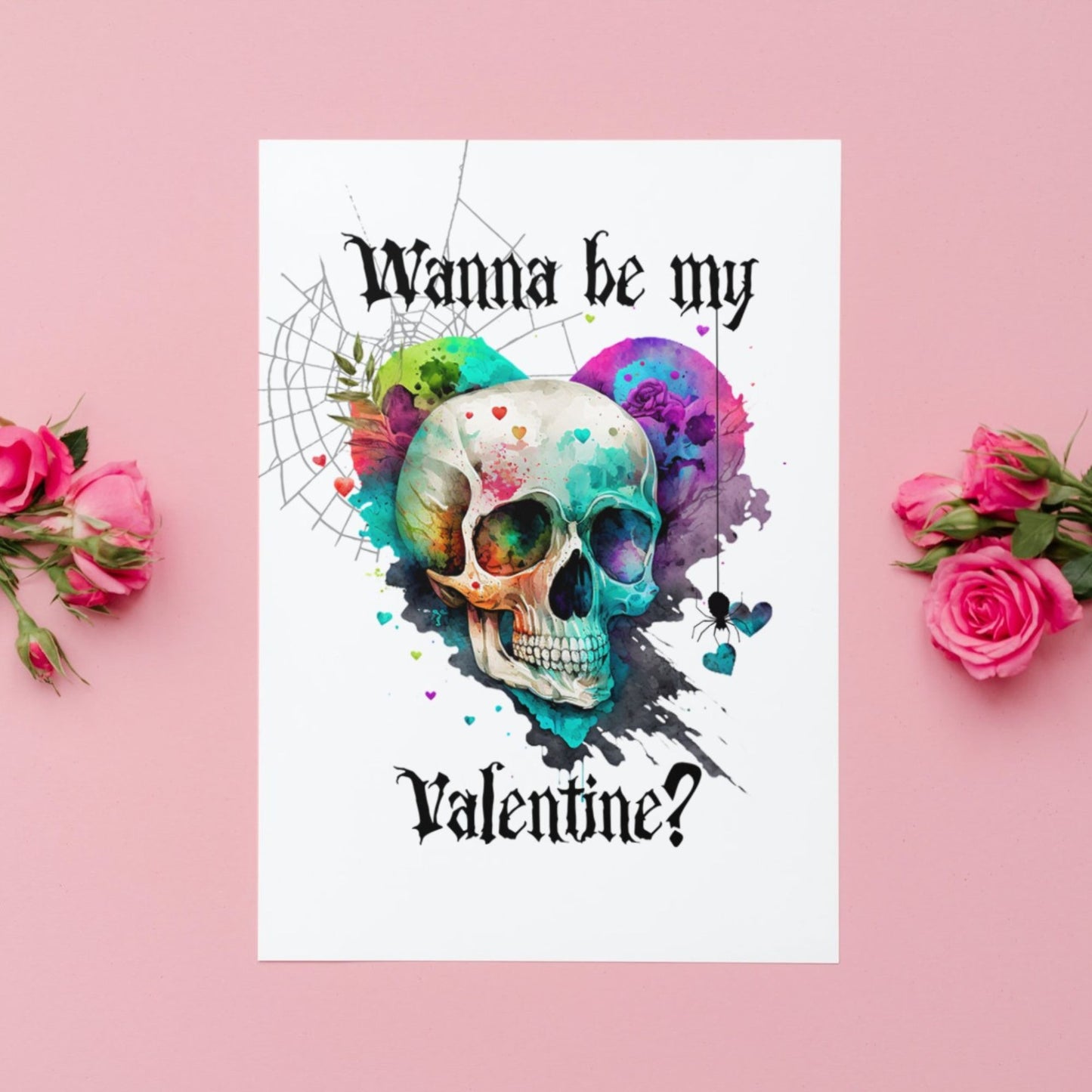 Printable Gothic Skull Valentine's Card Rainbow Heart