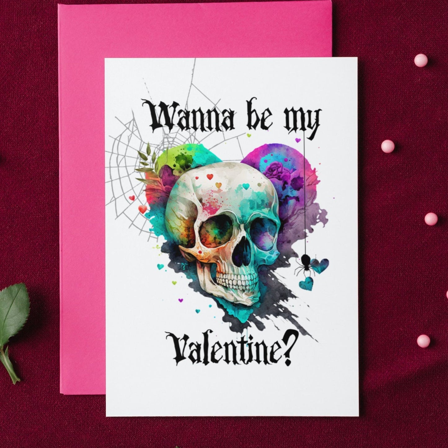 Printable Gothic Skull Valentine's Card Rainbow Heart