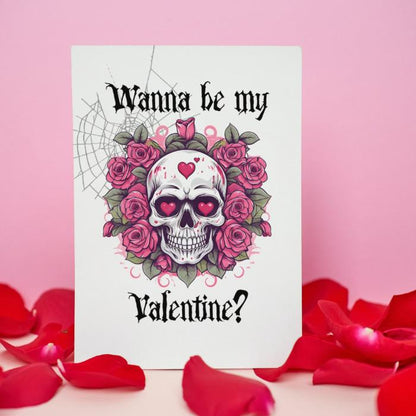 Printable Gothic Valentine's Card Skull In Roses Floral Goth