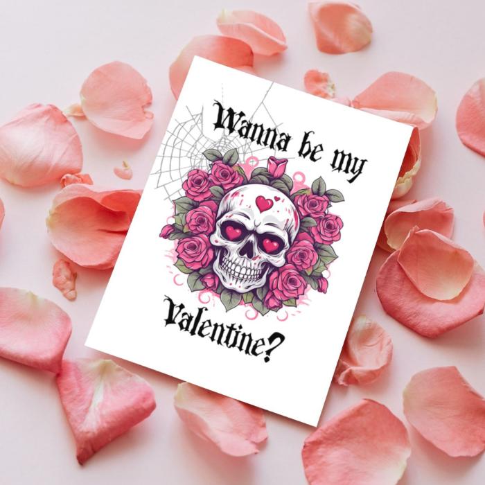 Printable Gothic Valentine's Card Skull In Roses Floral Goth