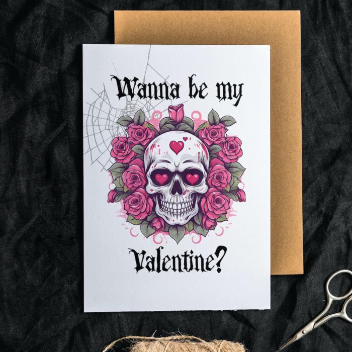 Printable Gothic Valentine's Card Skull In Roses Floral Goth