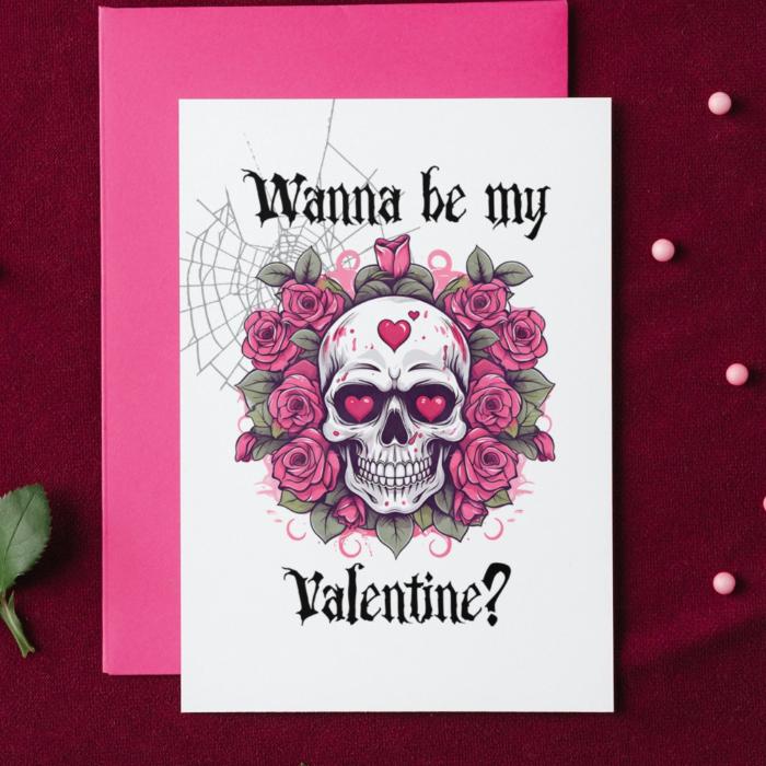 Printable Gothic Valentine's Card Skull In Roses Floral Goth