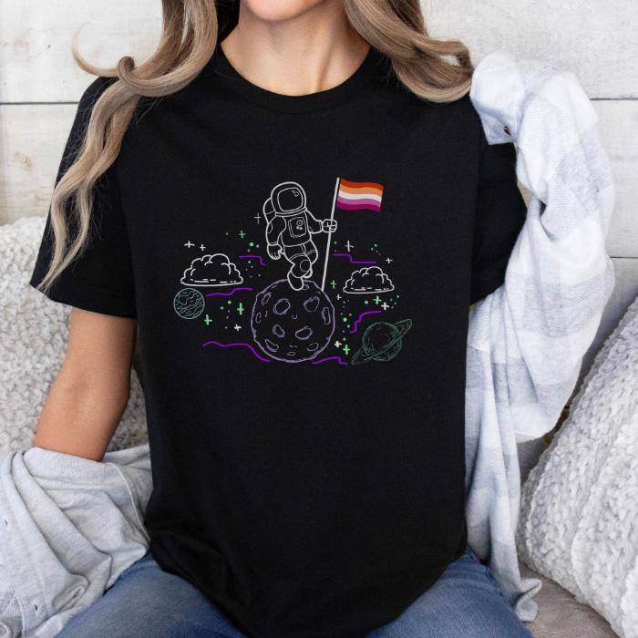 Lesbian Pride Shirt Astronaut Walking In Space With Flag