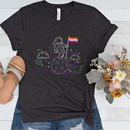 Lesbian Pride Shirt Astronaut Walking In Space With Flag