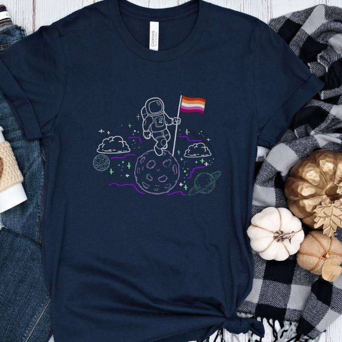 Lesbian Pride Shirt Astronaut Walking In Space With Flag